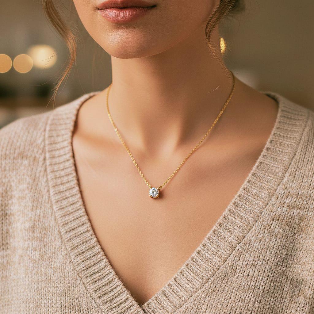 Moissanite Solitaire Pendant Necklace | 14K Gold Sterling Silver CZ Stone