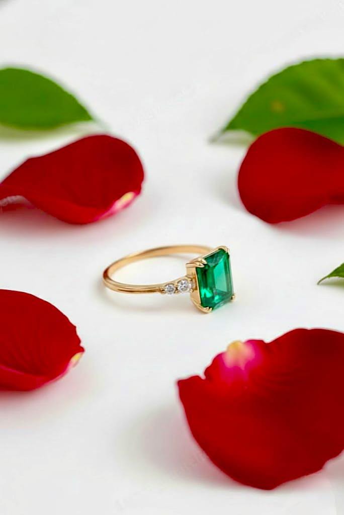 Genuine Emerald Gold Ring, 14K Gold Vermeil Emerald Engagement Ring, Statement Ring, Birthday gift for her