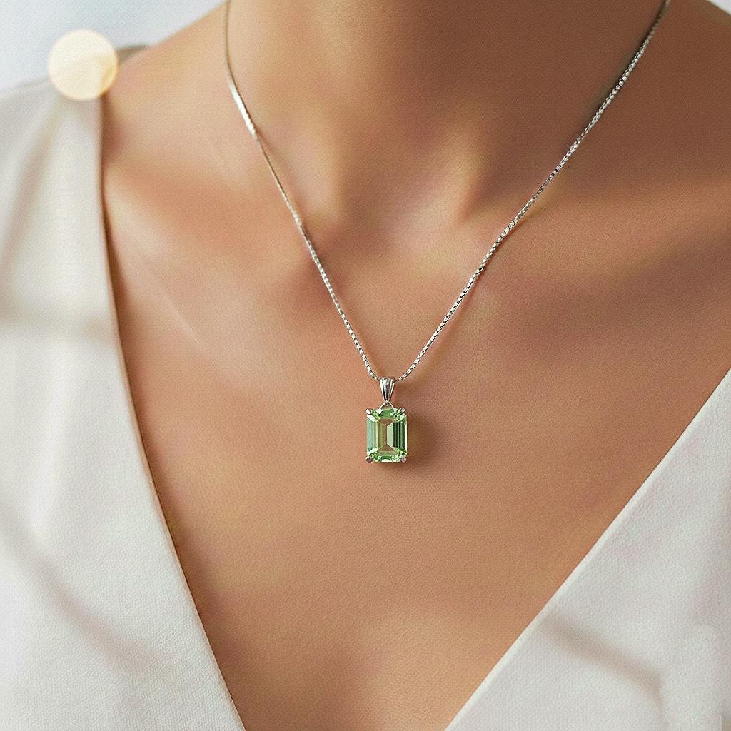 Green Amethyst Silver Pendant, 24K Gold Over 925K Solid Silver, handmade Pendant, Emerald Cut Pendant, Solitaire Natura Amethyst Pendant