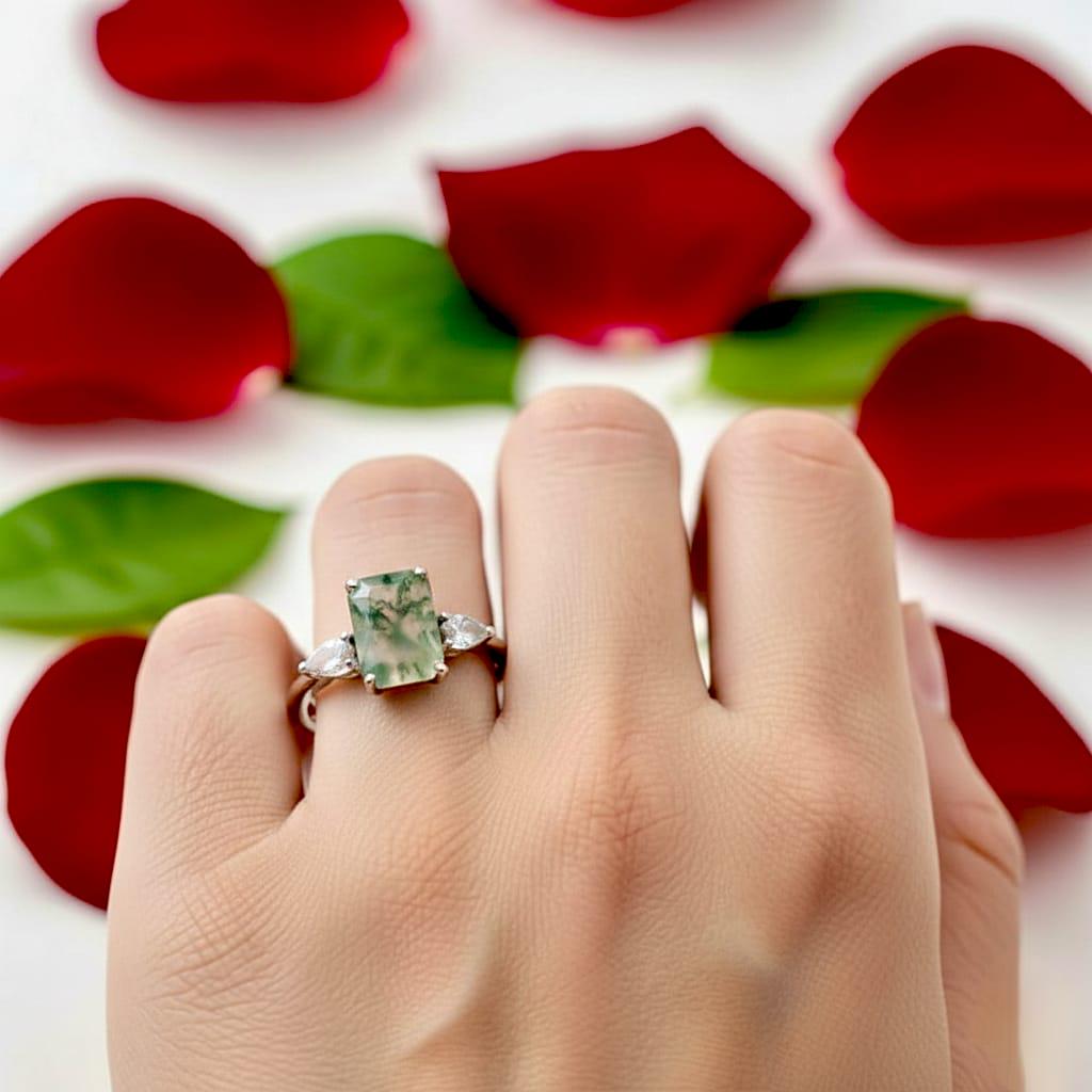 Moss Agate Sterling Silver Ring, Emerald Cut Agate Vintage Ring, Promise Engagement Ring, Anniversary Birthday Gifts for Her