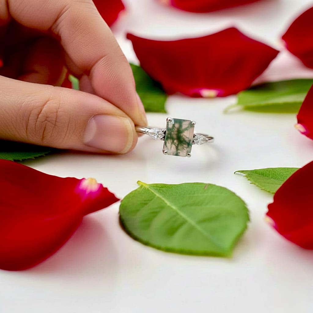 Moss Agate Sterling Silver Ring, Emerald Cut Agate Vintage Ring, Promise Engagement Ring, Anniversary Birthday Gifts for Her