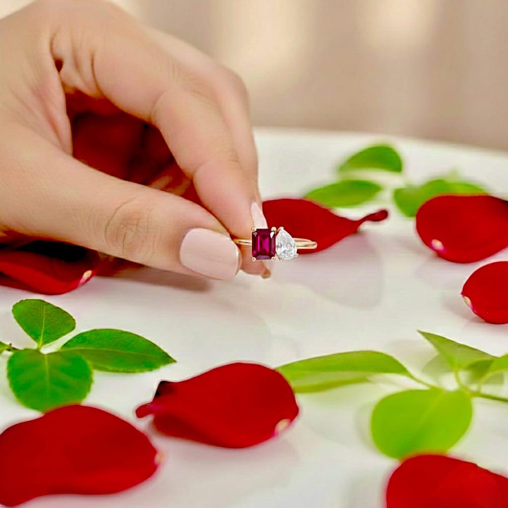 Two Stone Ruby Ring, Emerald Cut Pear Sterling Silver Toi Et Moi Ring