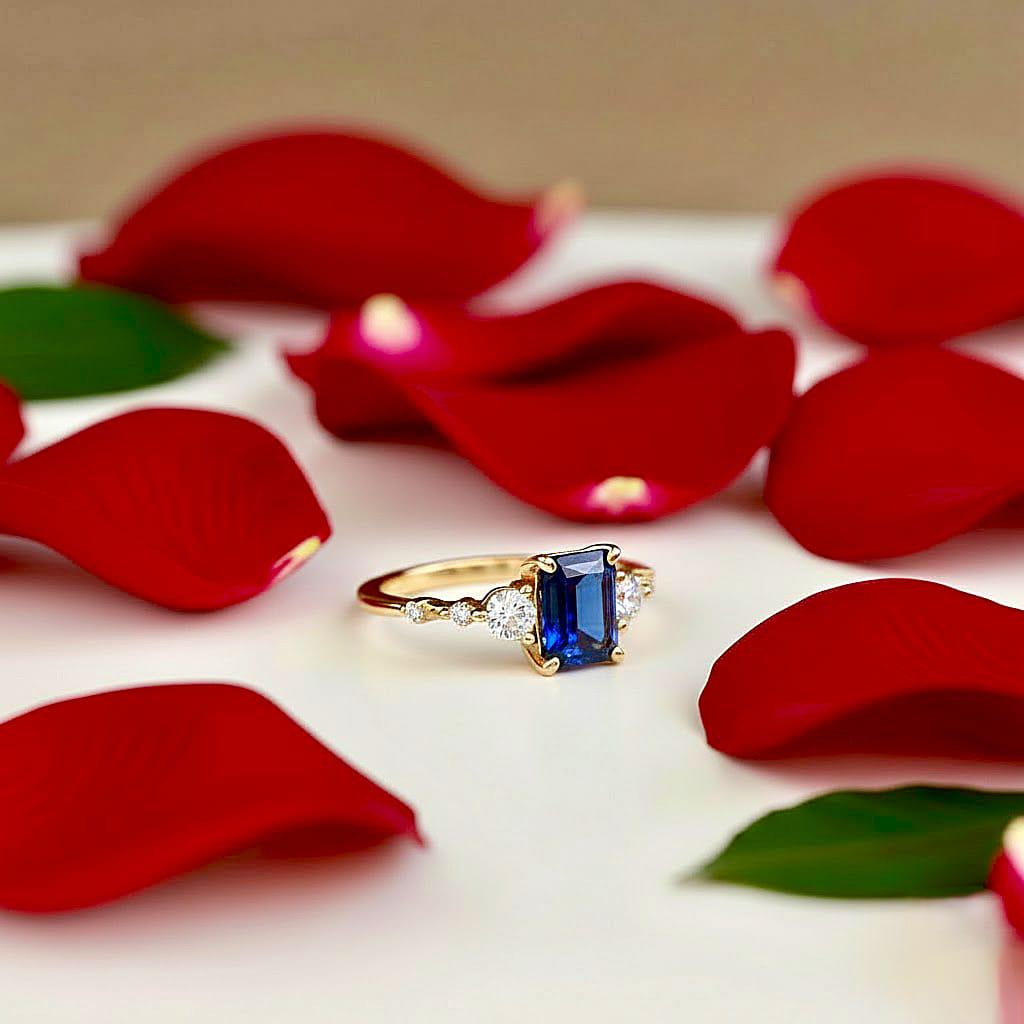Lab Blue Sapphire Emerald Cut Ring, 14K Gold Vermeil, September Birthstone, Engagement Ring
