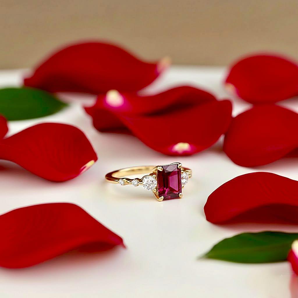 Vintage Emerald Cut Ruby Engagement Ring, 14k Gold Wedding Ring, Emerald Solitaire CZ Diamond Ring, Prong Set Simulated Promise Ring For Her