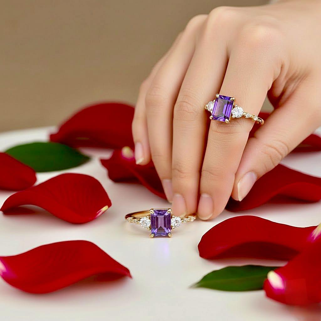 Emerald Cut Amethyst Ring, 14K Rose Gold Vermeil, Statement Engagement Ring