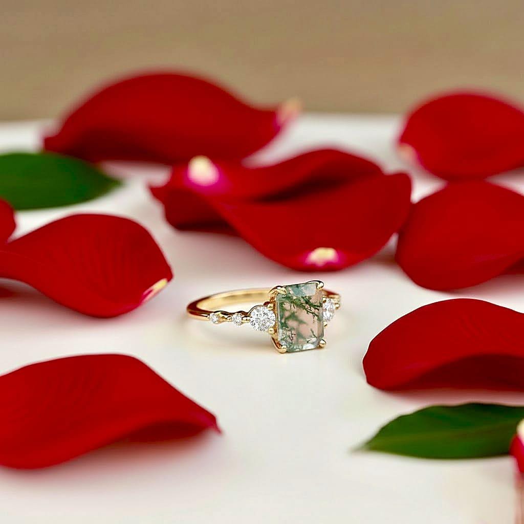 Emerald Cut Moss Agate Sterling Silver Ring, Vintage Promise Engagement Gift Her