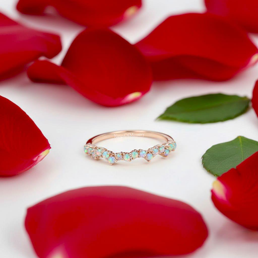 Natural Opal Ring, Vintage Opal Band, Opal Wedding Band, Rose Gold Opal Ring, Dainty Opal Ring, October Birthstone Ring, Matching Band Ring
