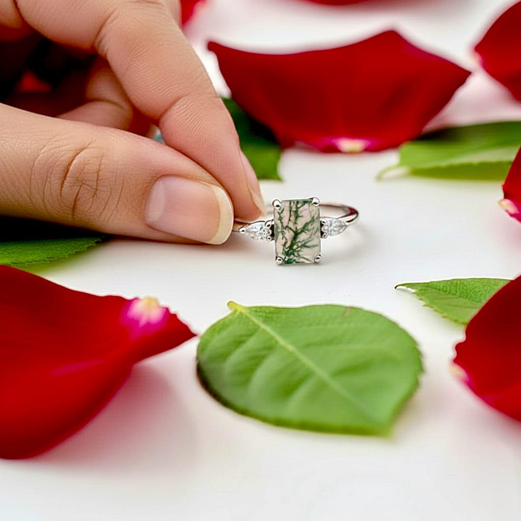 Moss Agate Sterling Silver Ring, Emerald Cut Agate Vintage Ring, Promise Engagement Ring, Anniversary Birthday Gifts for Her