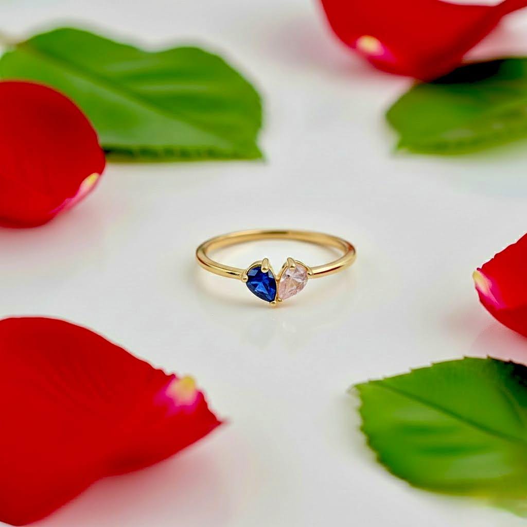 Sterling Silver Pear Cut Sapphire and Zircon Ring, Toi et Moi Design