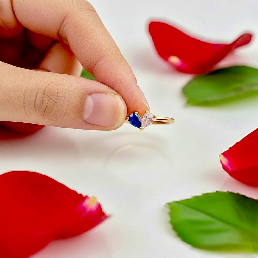 Sterling Silver Pear Cut Sapphire and Zircon Ring, Toi et Moi Design