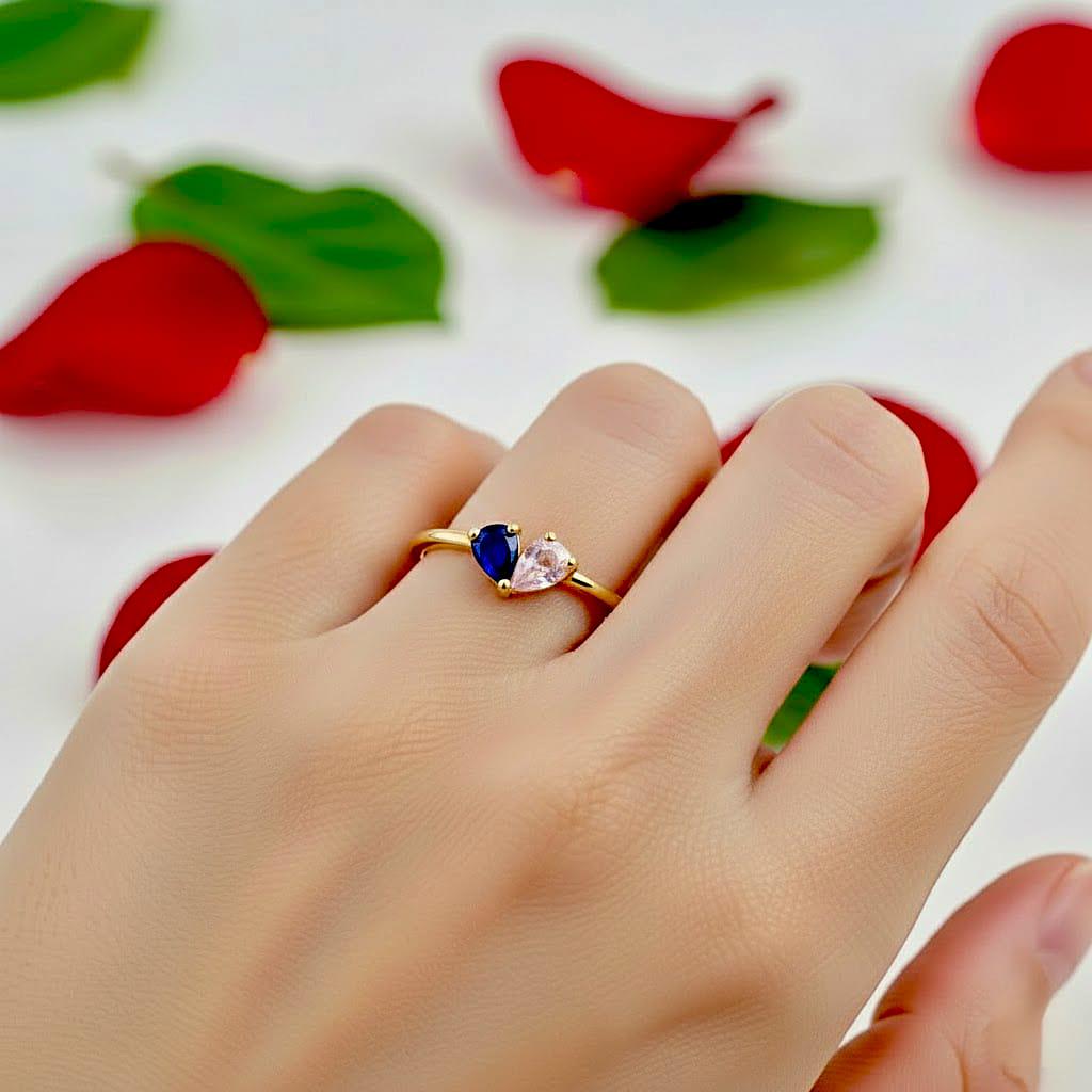 Sterling Silver Pear Cut Sapphire and Zircon Ring, Toi et Moi Design