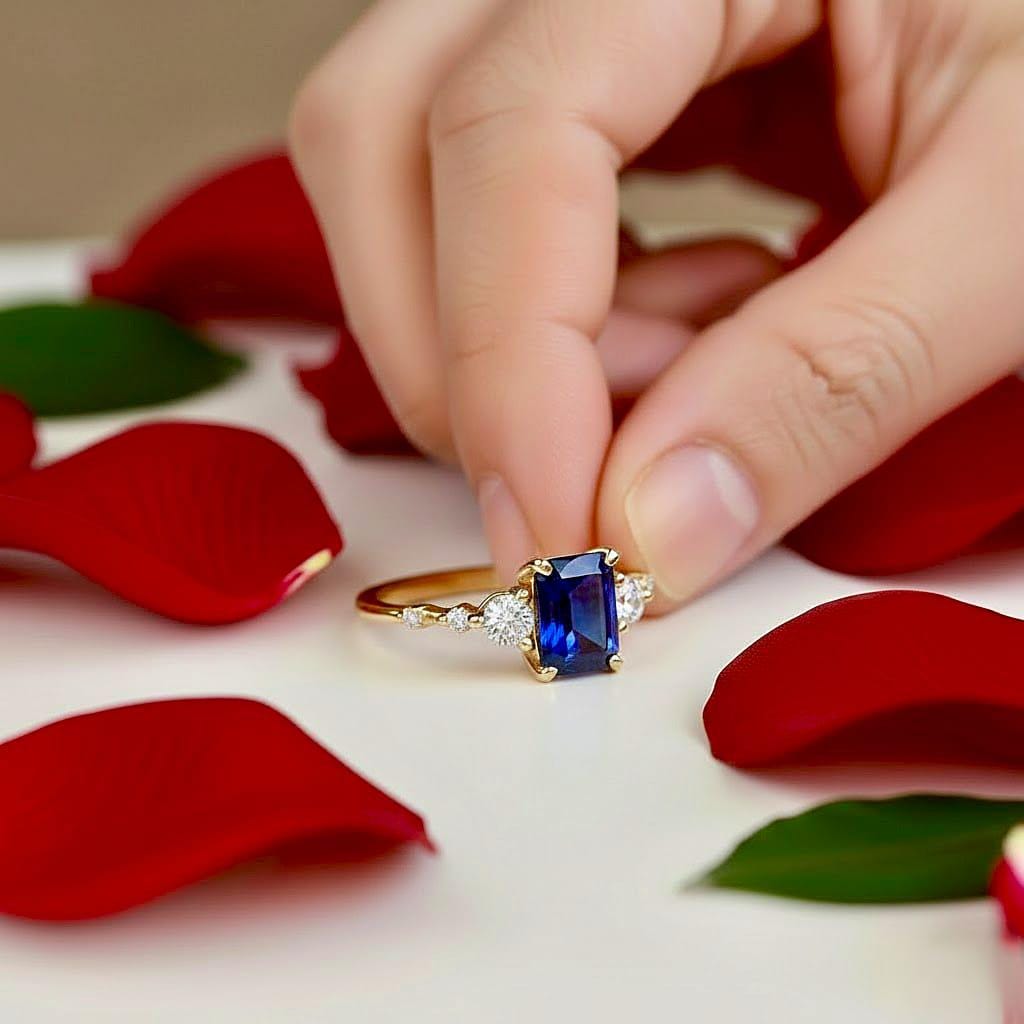 Lab Blue Sapphire Emerald Cut Ring, 14K Gold Vermeil, September Birthstone, Engagement Ring