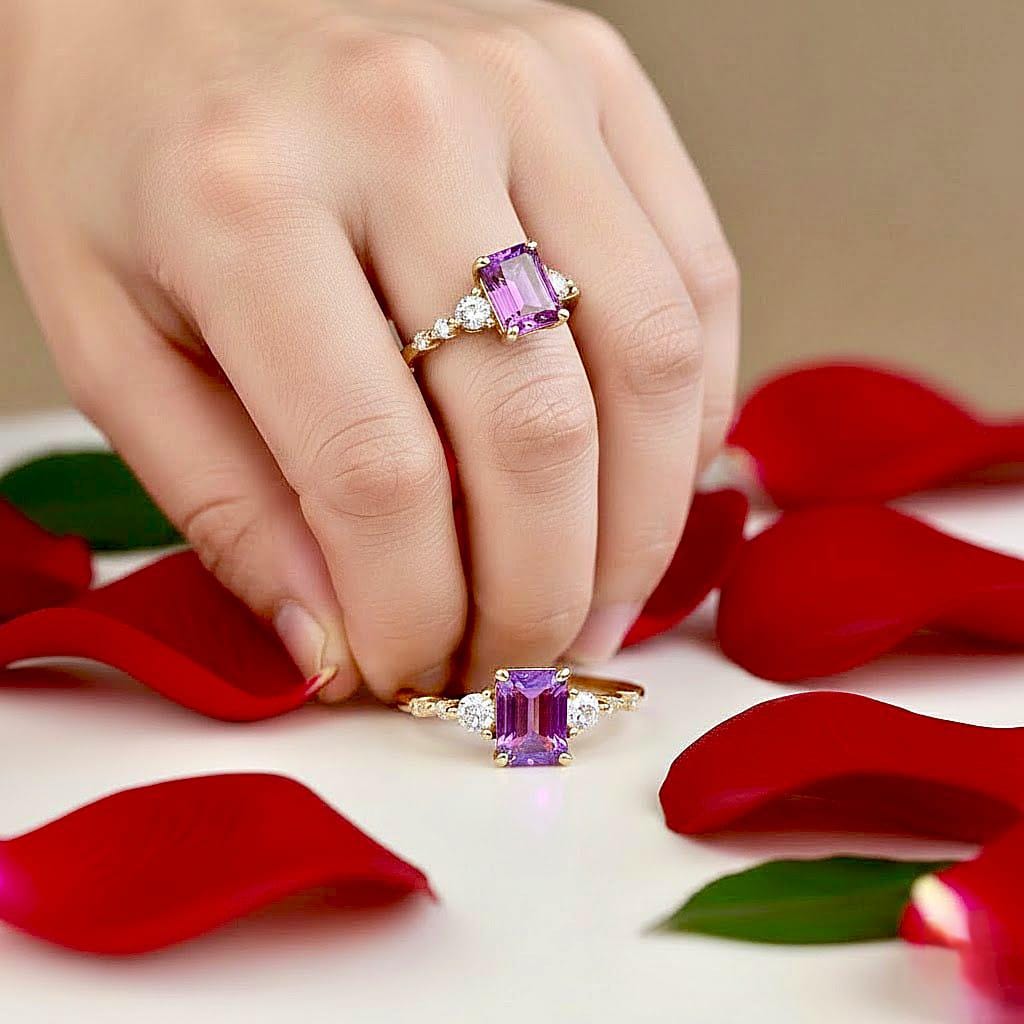 Emerald Cut Amethyst Ring, 14K Rose Gold Vermeil, Statement Engagement Ring