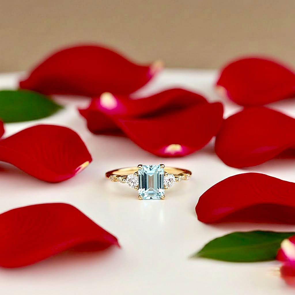 Emerald Cut Aquamarine Ring, 14K Gold Vermeil, March Birthstone, Dainty Engagement Ring