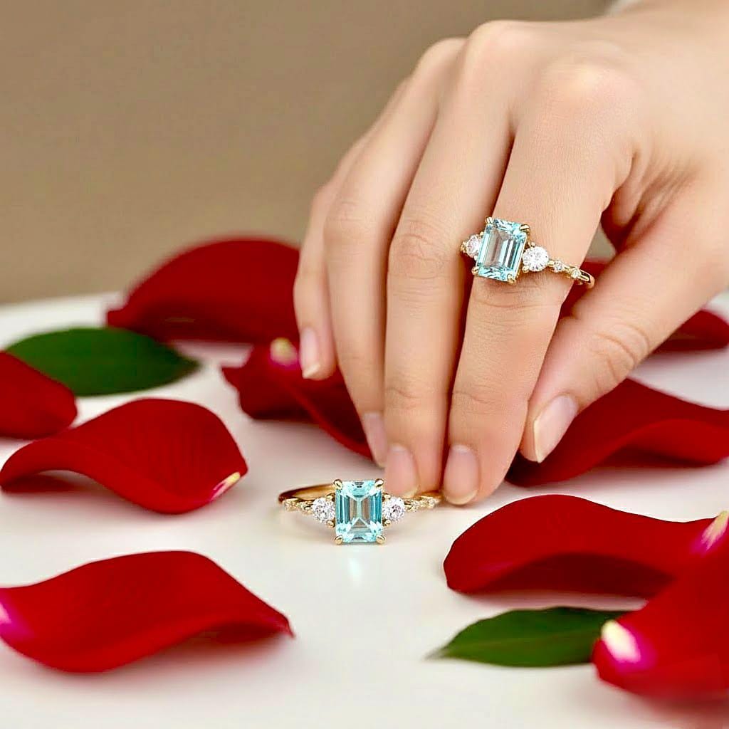 Emerald Cut Aquamarine Ring, 14K Gold Vermeil, March Birthstone, Dainty Engagement Ring