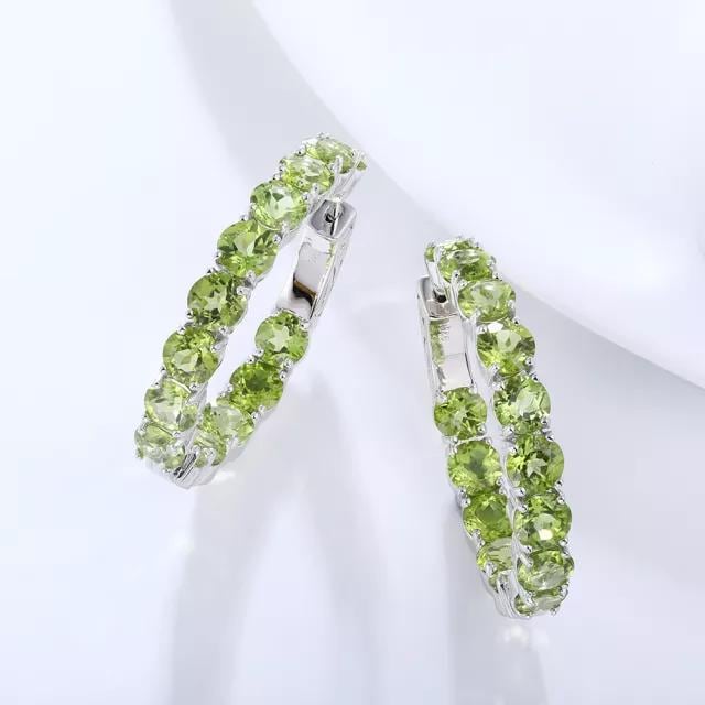 Peridot Hoop Earrings, Sterling Silver, Round Cut Gemstone, August Birthstone Rings