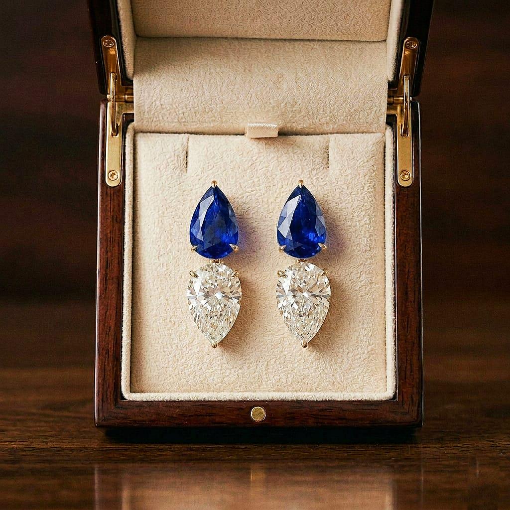 Sapphire Earrings, September Birthstone, Blue Rectangle Earrings in Gold or Silver, Sapphire Pear Drops, Jewelry Gift for Mom