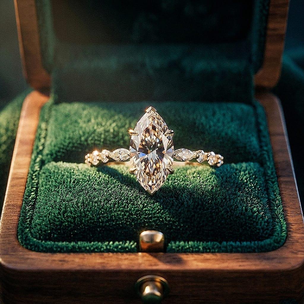 Vintage Marquise Moissanite Engagement Ring: Rose Gold Floral Vine, Art Deco Ring14k Gold Seven Stone Wedding Band