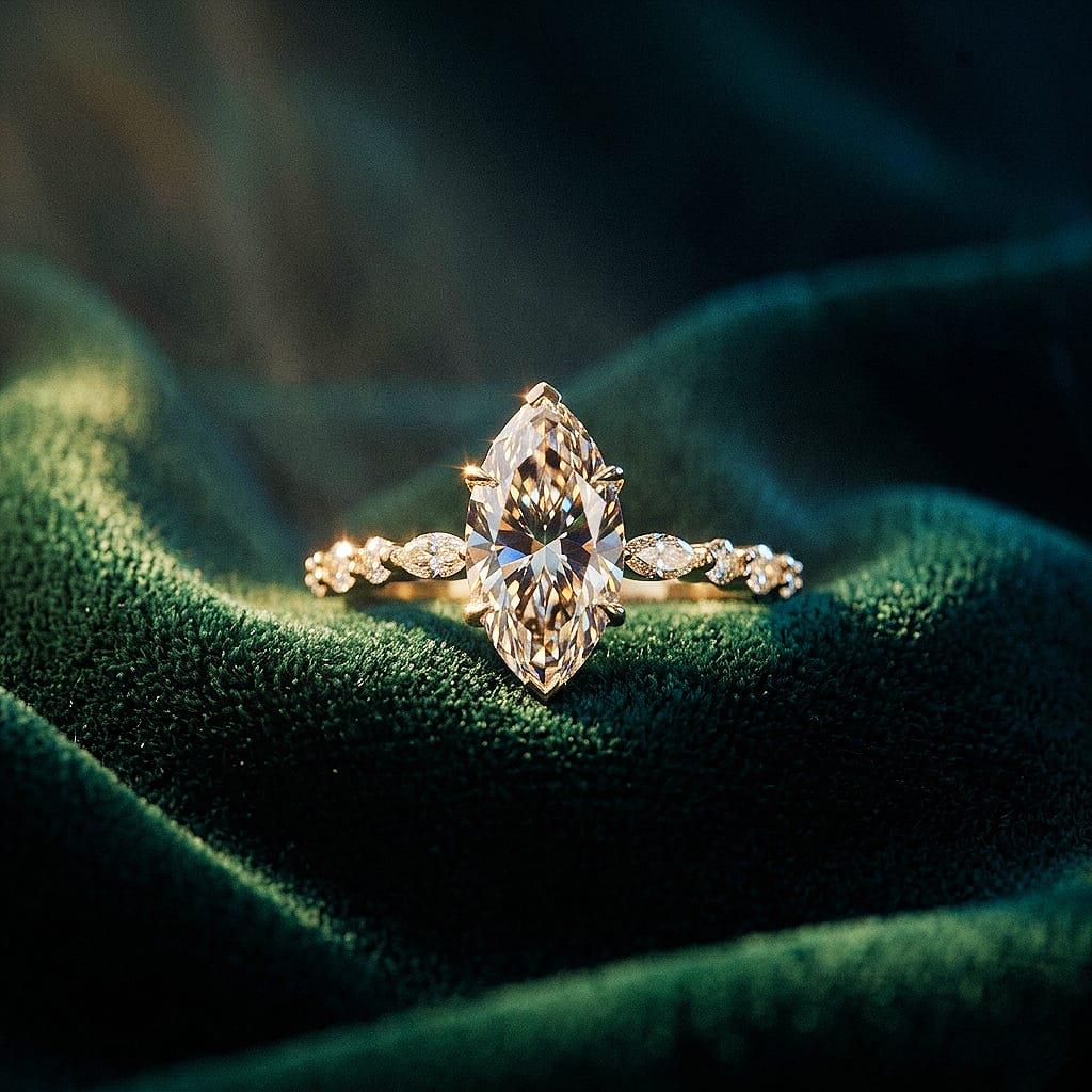Vintage Marquise Moissanite Engagement Ring: Rose Gold Floral Vine, Art Deco Ring14k Gold Seven Stone Wedding Band