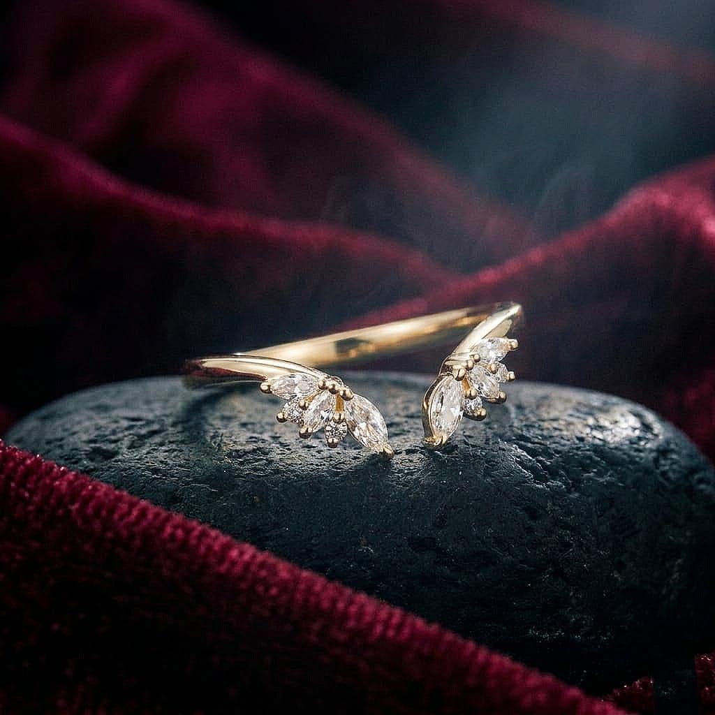Marquise cut Moissanite engagement ring, Solid yellow gold, leaf ring, Diamond bridal ring, Wedding Band, women ring, anniversary ring