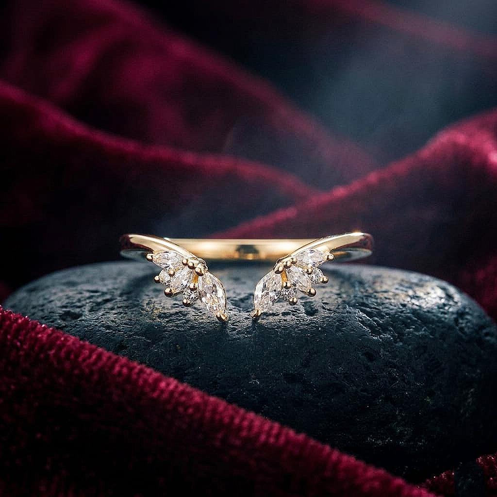 Marquise cut Moissanite engagement ring, Solid yellow gold, leaf ring, Diamond bridal ring, Wedding Band, women ring, anniversary ring