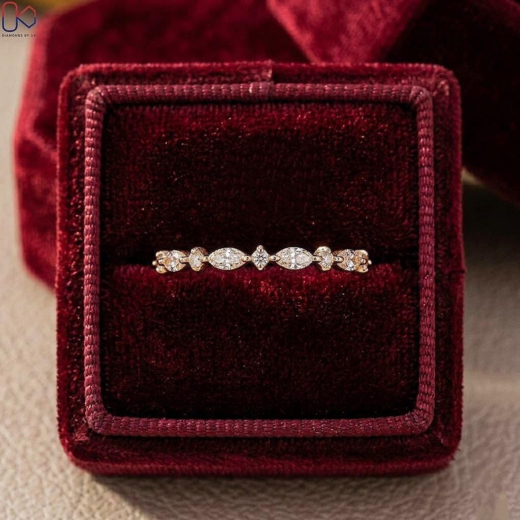 Marquise cut Moissanite Engagement Ring Solid Yellow Gold Diamond Bridal Ring Half Eternity Women Ring, anniversary Ring Gift For Her