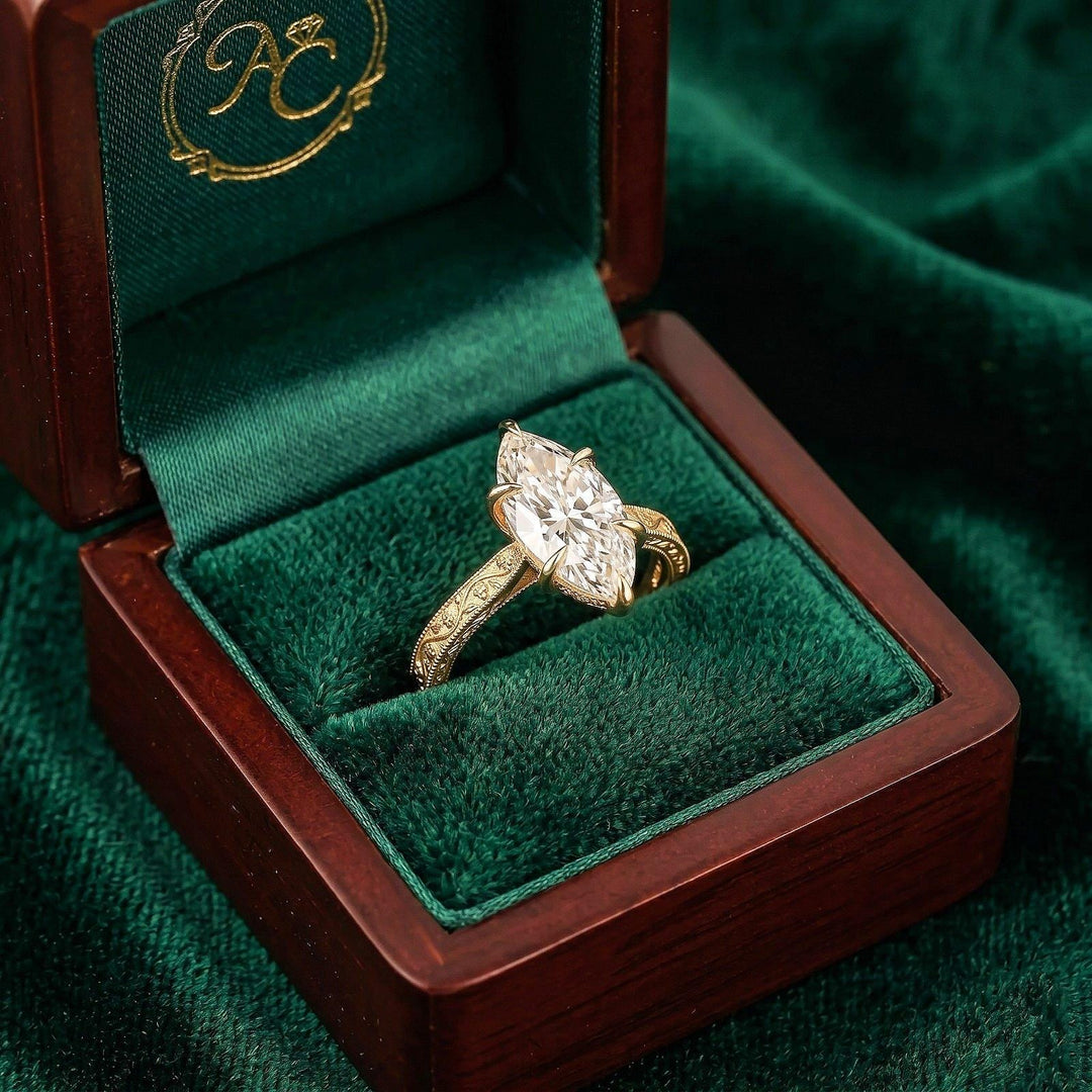 Marquise cut Moissanite engagement ring Solid yellow gold leaf ring Diamond bridal ring Moissanite Ring, anniversary ring