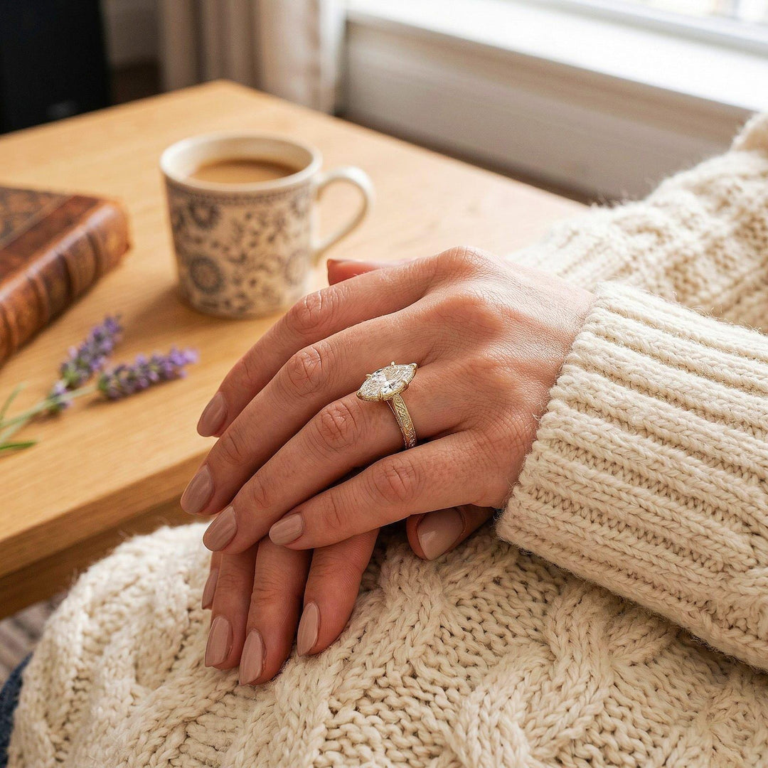 Marquise cut Moissanite engagement ring Solid yellow gold leaf ring Diamond bridal ring Moissanite Ring, anniversary ring