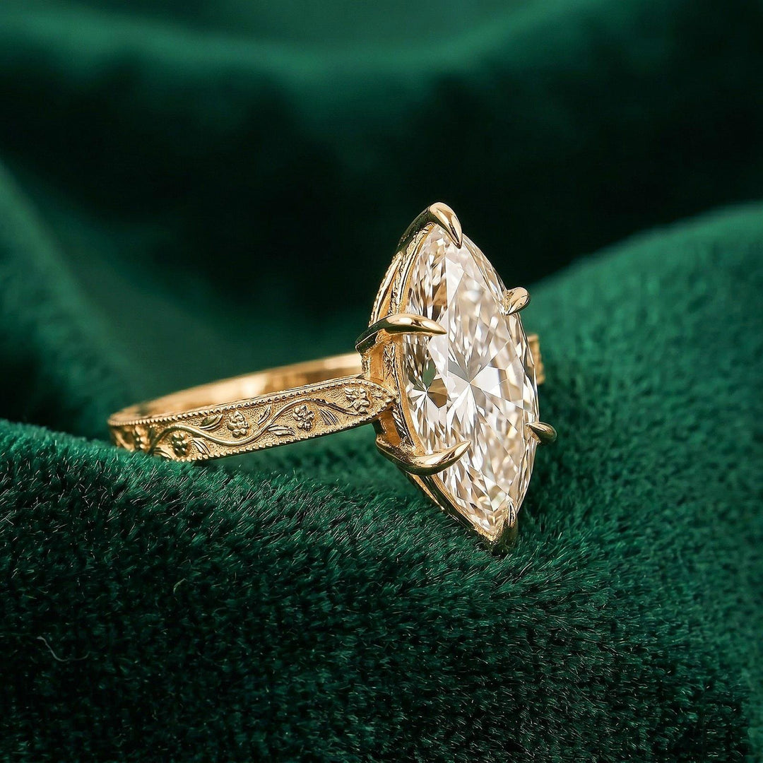 Marquise cut Moissanite engagement ring Solid yellow gold leaf ring Diamond bridal ring Moissanite Ring, anniversary ring