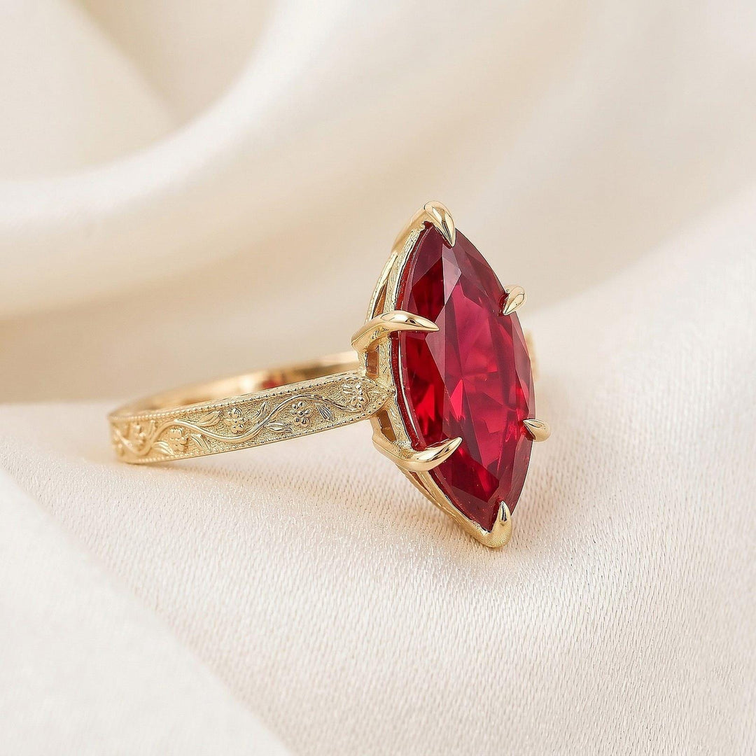 Marquise Cut Ruby Engagement Ring Set Vintage Moissanite Cluster Wedding Ring 14k Gold Anniversary Rings For Women Custom Promise Rings Gift