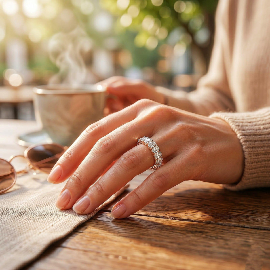 Oval cut Moissanite, wedding band, Yellow gold wedding band, Vintage, Unique full eternity Stacking ring, Matching Promise, Anniversary band