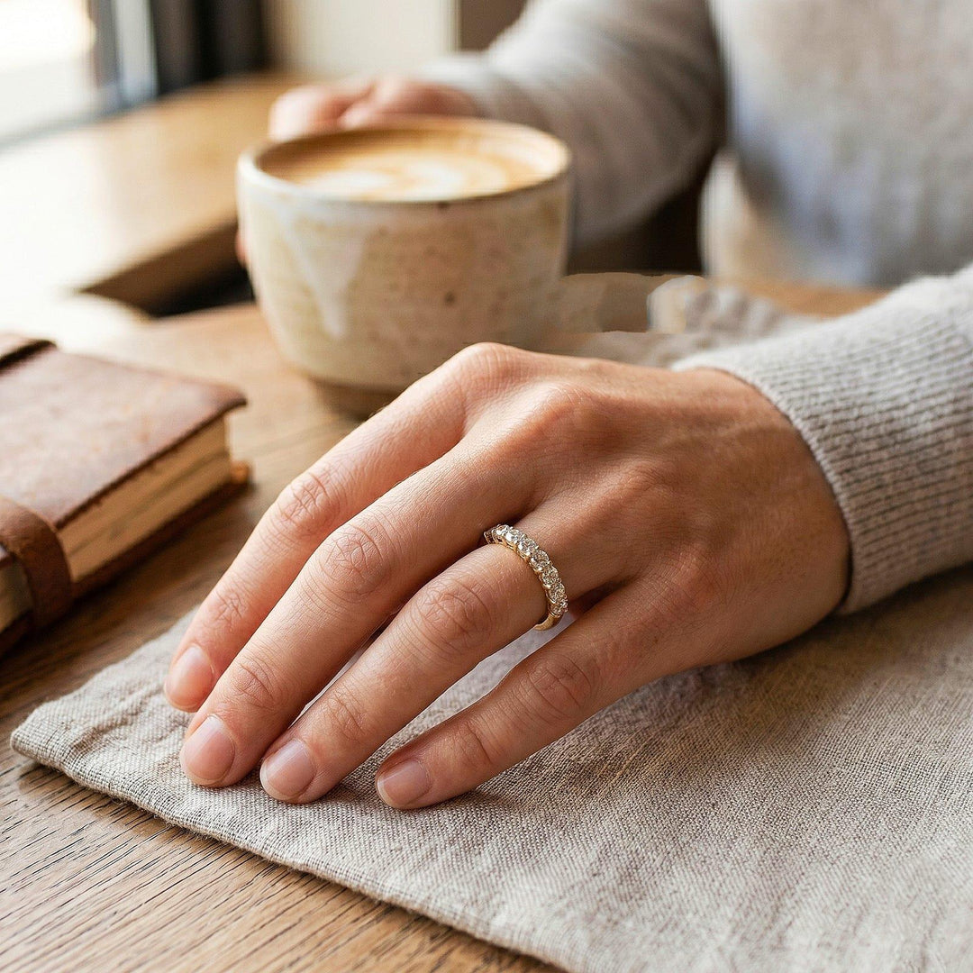Round Cut Colorless Moissanite Wedding Band, Half Eternity Band, Minimalist Moissanite Band, Anniversary Band, Bridal Ring Set