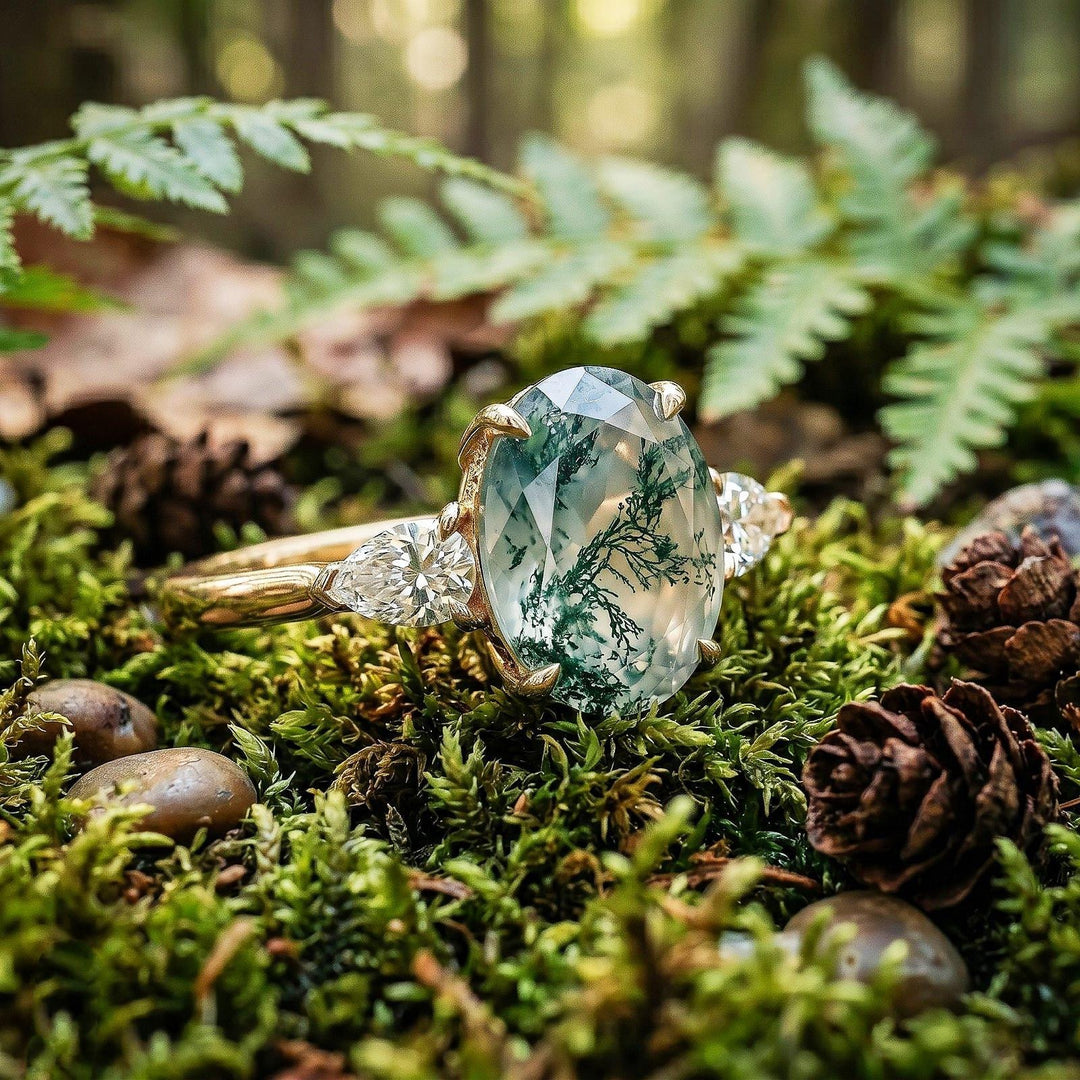 Oval Natural Green Moss Agate Engagement Ring Rose Gold Cluster Aquatic Agate Promise Ring Woman Marquise Cut CZ Diamond Wedding Ring