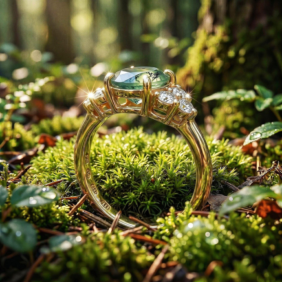 Vintage moss agate engagement ring Round Unique 14k Rose gold bridal ring Prong moissanite diamond ring Promise anniversary gift for her