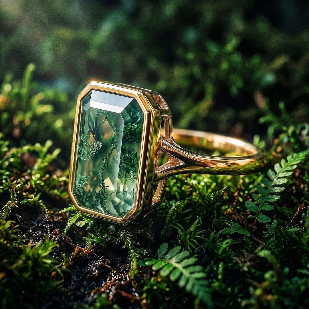 Emerald Cut Natural Moss Agate Engagement Ring Solid 14K Yellow Gold Minimalist Ring Solitaire Ring Green Gemstone Rings Anniversary Gift
