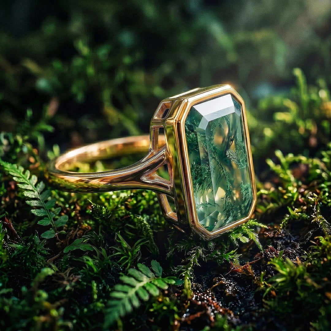 Emerald Cut Natural Moss Agate Engagement Ring Solid 14K Yellow Gold Minimalist Ring Solitaire Ring Green Gemstone Rings Anniversary Gift