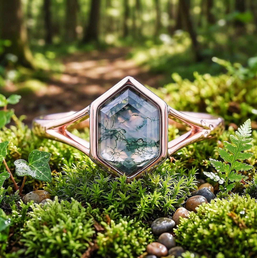 Hexagon Moss Agate Engagement Ring,Art Deco Three Stones Ring, Yellow Gold Wedding Ring Vintage Promise Ring Nature Bridal Ring Gift for her