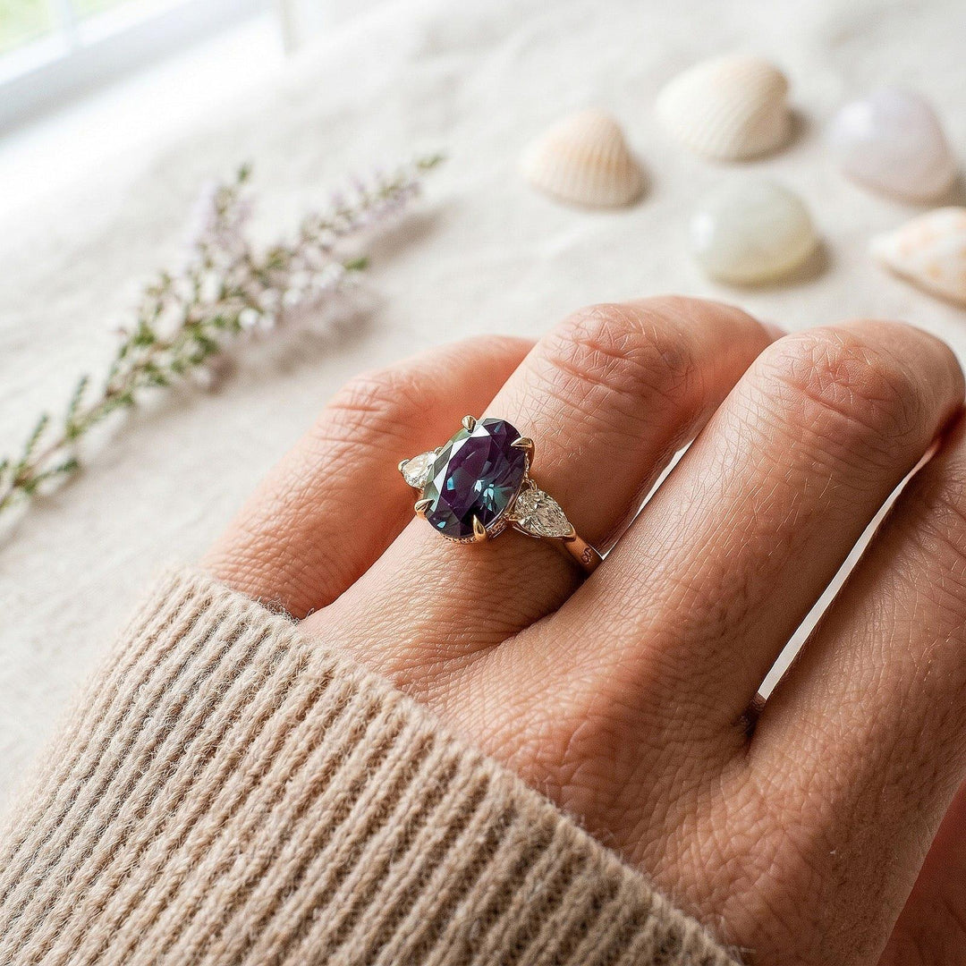Alexandrite Engagement Ring, Oval cut, women Art deco, 14k gold engagement ring, unique diamond wedding, ring Bridal anniversary