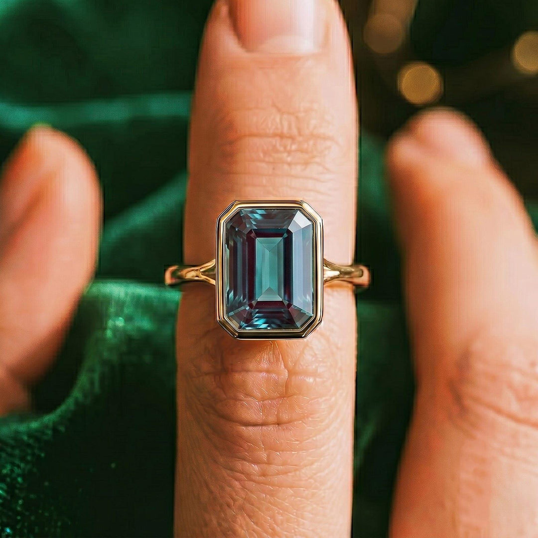 Alexandrite Engagement Ring, Unique Emerald Cut Ring, June Birthstone Alexandrite Solitaire Ring, 14k Rose Gold,, 925 Sterling Silver Ring