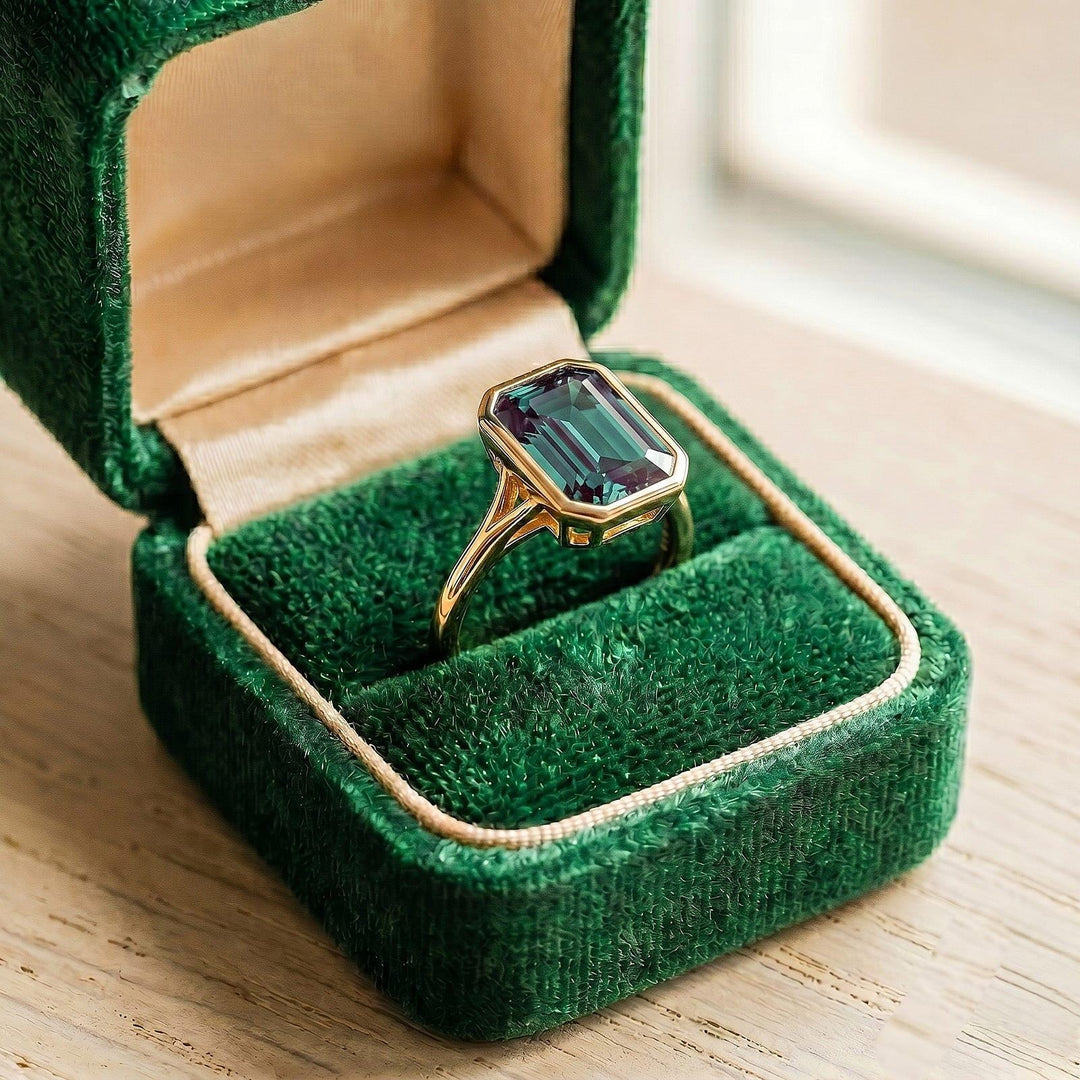 Alexandrite Engagement Ring, Unique Emerald Cut Ring, June Birthstone Alexandrite Solitaire Ring, 14k Rose Gold,, 925 Sterling Silver Ring