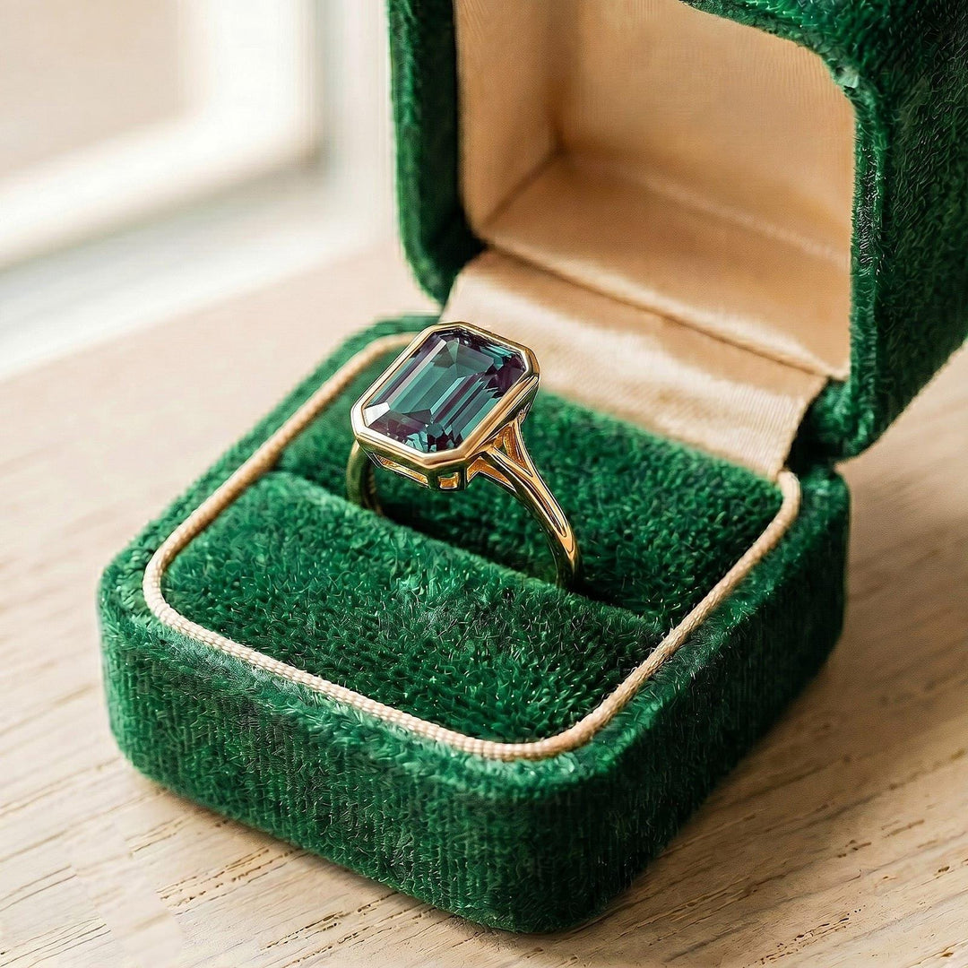 Alexandrite Engagement Ring, Unique Emerald Cut Ring, June Birthstone Alexandrite Solitaire Ring, 14k Rose Gold,, 925 Sterling Silver Ring