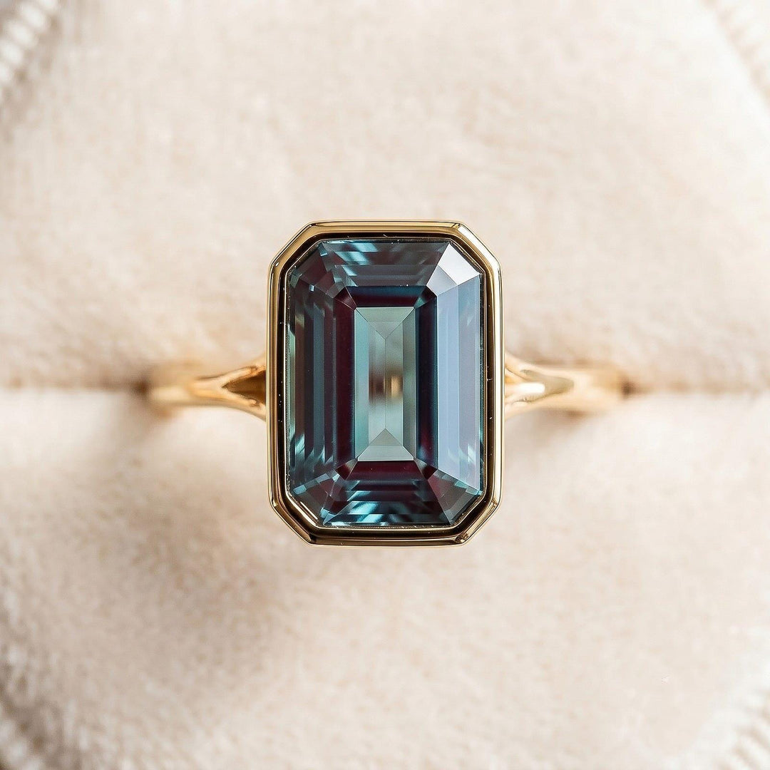 Alexandrite Engagement Ring, Unique Emerald Cut Ring, June Birthstone Alexandrite Solitaire Ring, 14k Rose Gold,, 925 Sterling Silver Ring