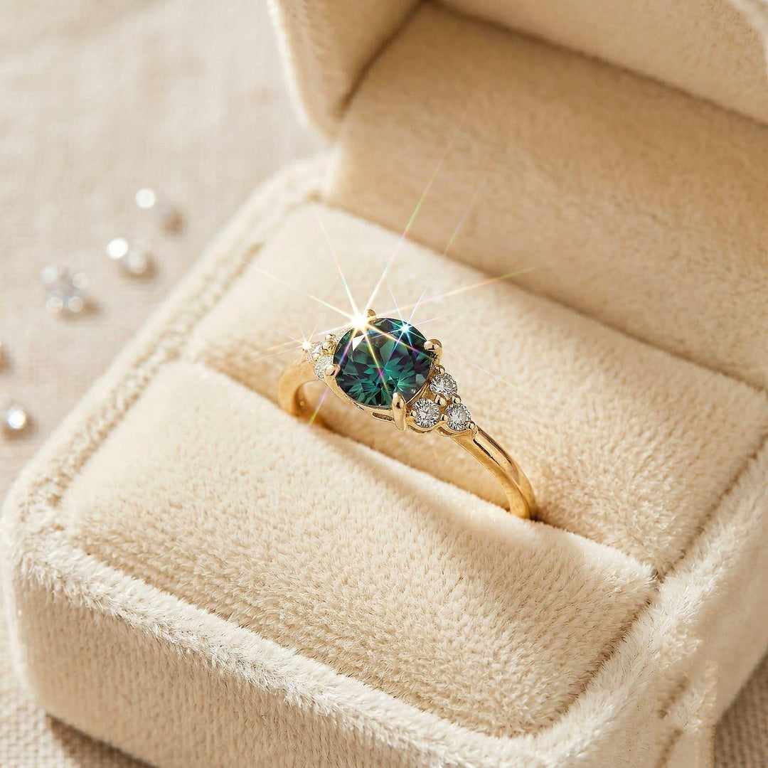 Vintage Round Alexandrite Engagement Ring,14K Rose Gold Wedding Ring, Cluster Diamond Moissanite Bridal Ring, Anniversary Promise Ring