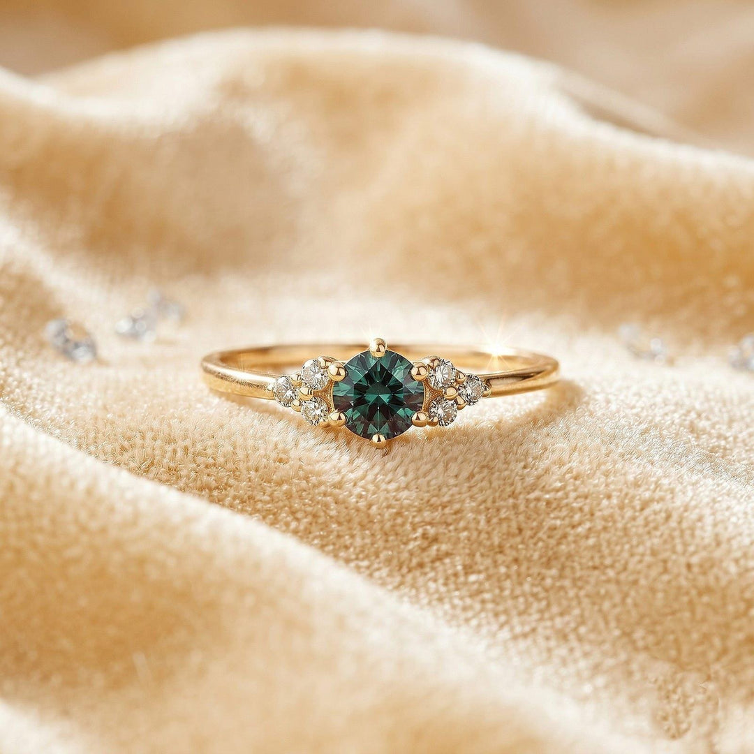 Vintage Round Alexandrite Engagement Ring,14K Rose Gold Wedding Ring, Cluster Diamond Moissanite Bridal Ring, Anniversary Promise Ring
