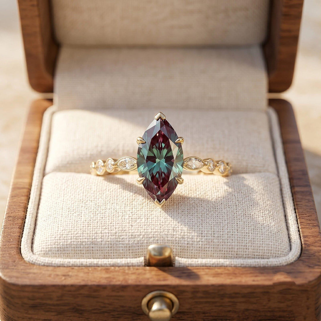 Marquise Alexandrite Engagement Ring Solid Gold Vintage Engraved Alexandrite Wedding Ring Promise Gemstone Rings for Women Handmade Jewelry