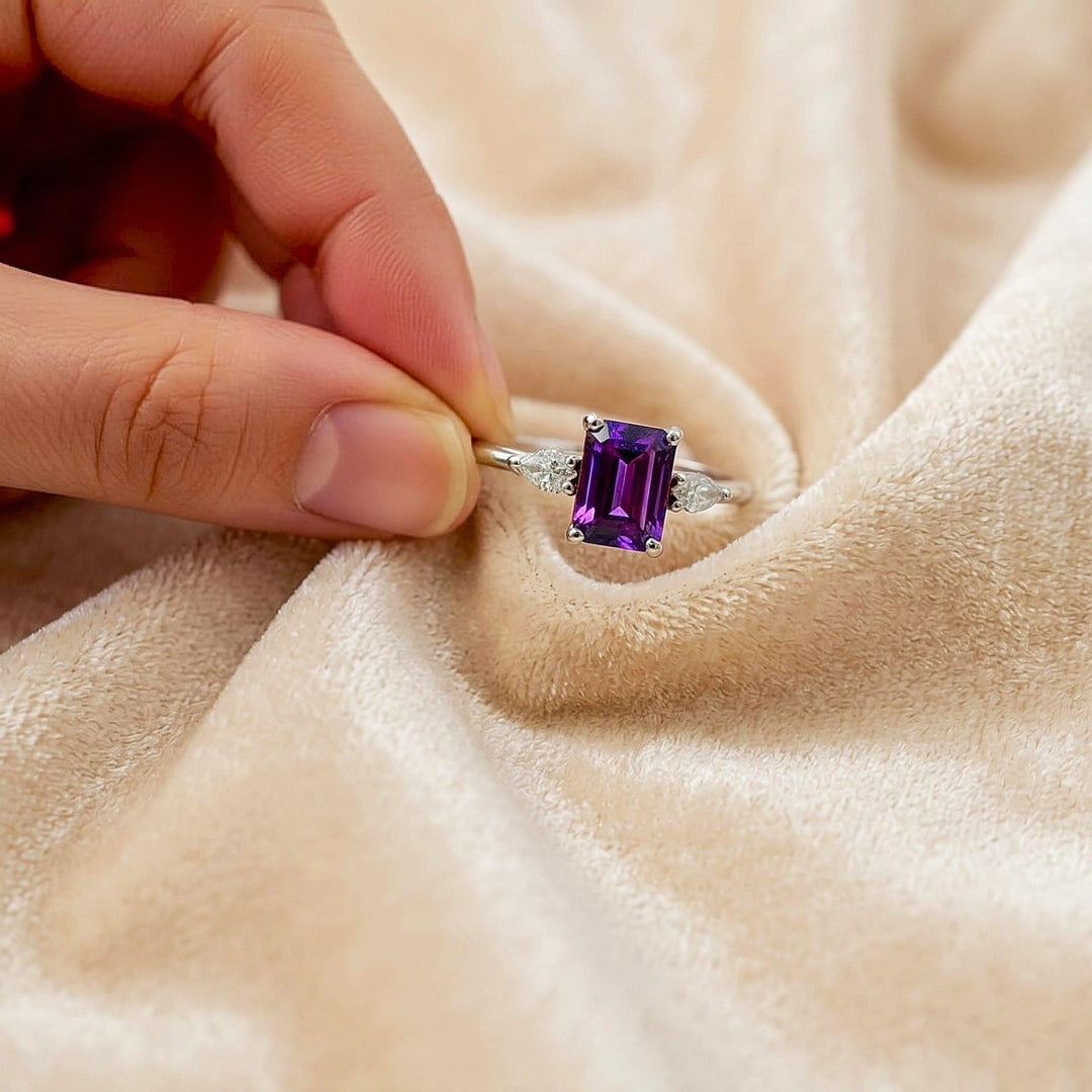 Emerald Cut Natural Amethyst Engagement Ring Solid Rose Gold Promise Ring Solitaire Ring Prongs Statement Ring Gem Ring Women