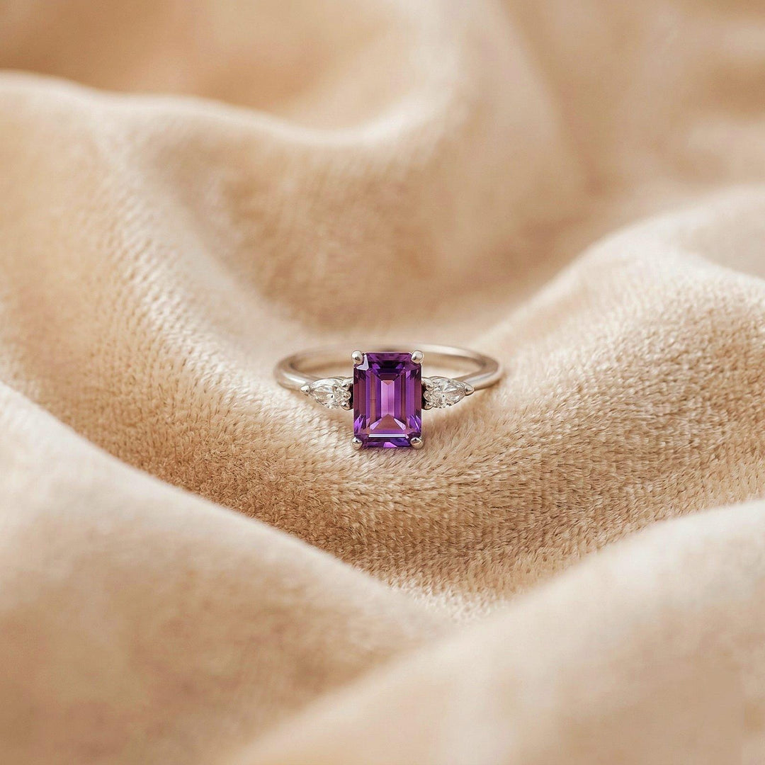 Emerald Cut Natural Amethyst Engagement Ring Solid Rose Gold Promise Ring Solitaire Ring Prongs Statement Ring Gem Ring Women