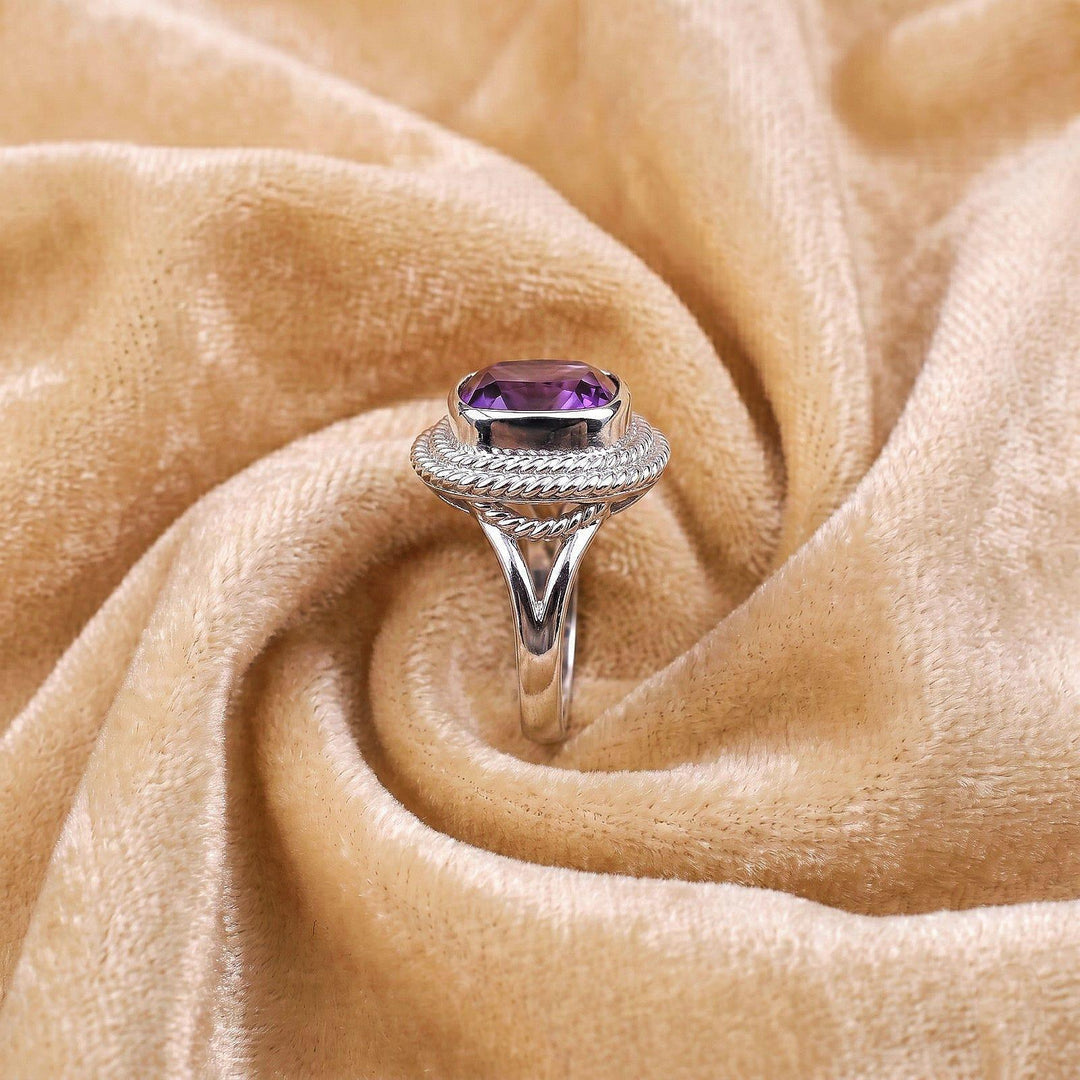 Cushion Cut Amethyst Ring, 925 Sterling Silver, Art Deco Engagement, Nature Inspired Bridal Band