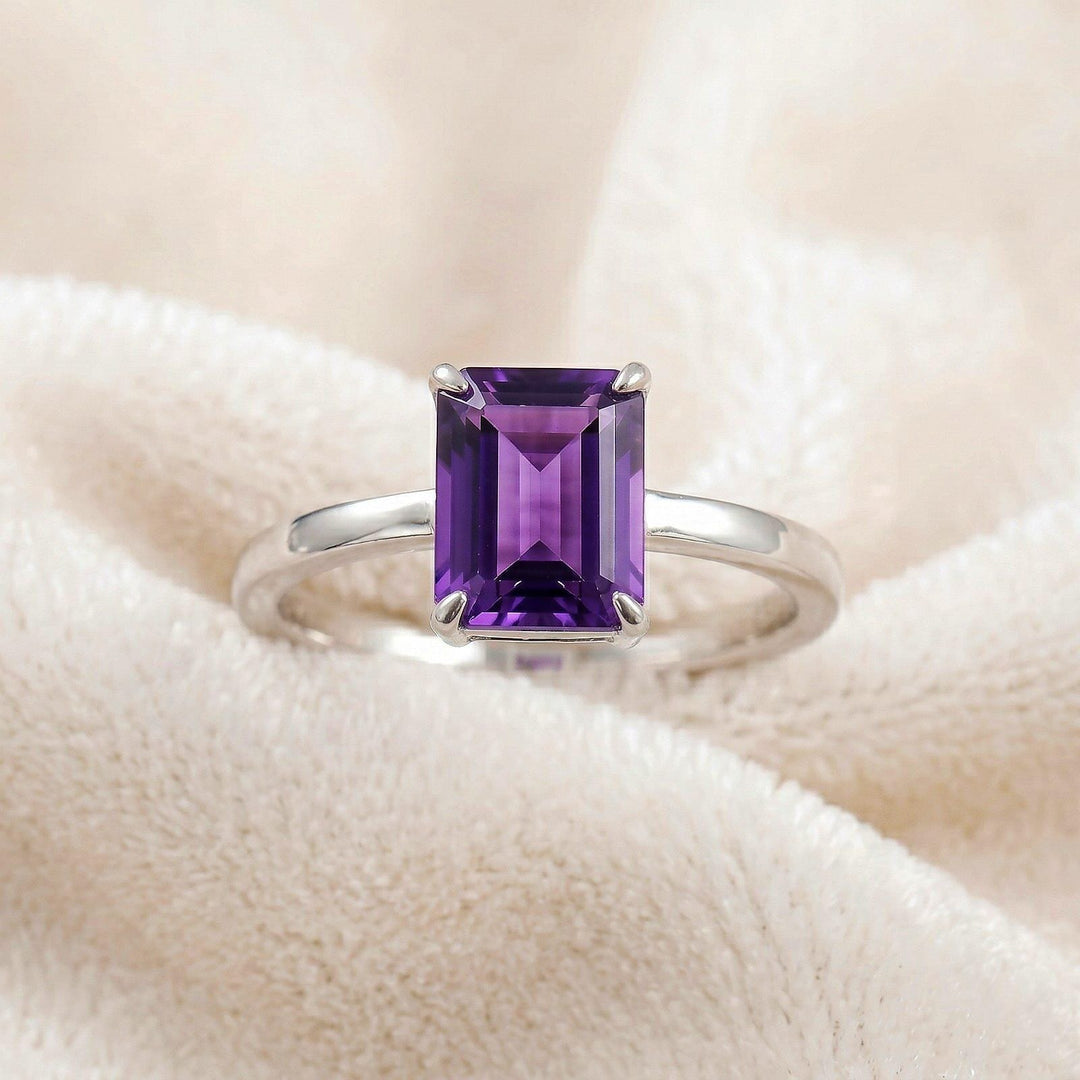 Emerald Cut Amethyst Engagement Ring, Solid 925 Sterling Silver Solitaire Statement Ring