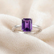 Emerald Cut Amethyst Engagement Ring, Solid 925 Sterling Silver Solitaire Statement Ring